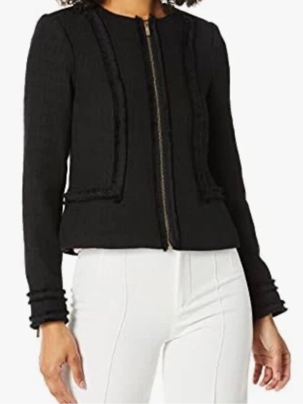 Karl Lagerfeld Paris Blazer Tweed Cropped Fringe Open Front Luxury Officewear P
